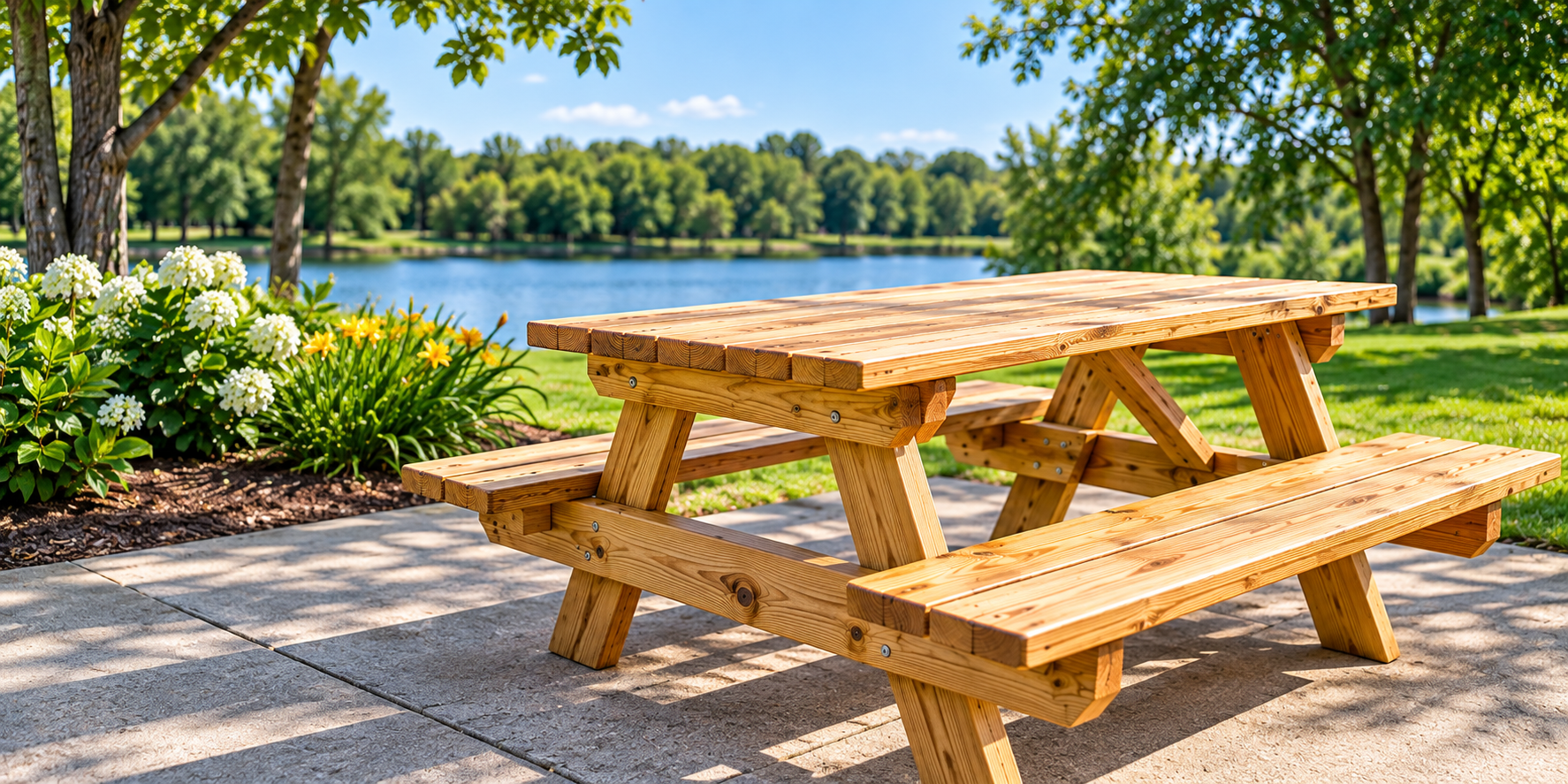 Wooden picnic table with attached benches in a landscaped lakeside park